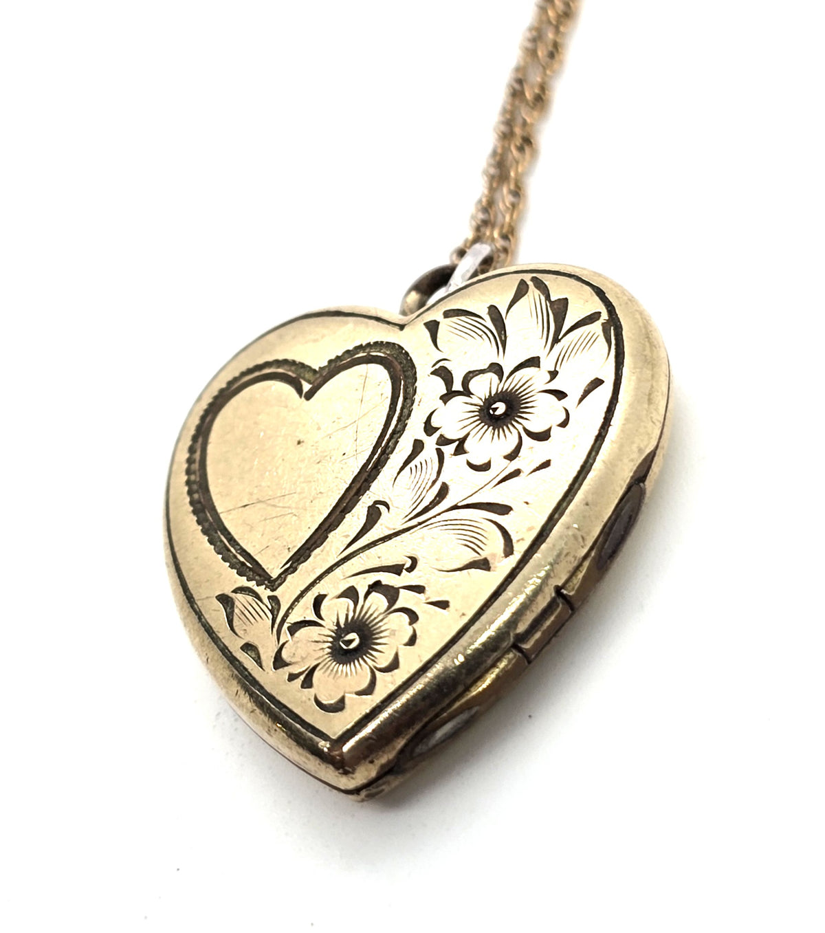 Pittman & Keeler Gold filled etched heart flower locket vintage photo necklace PK