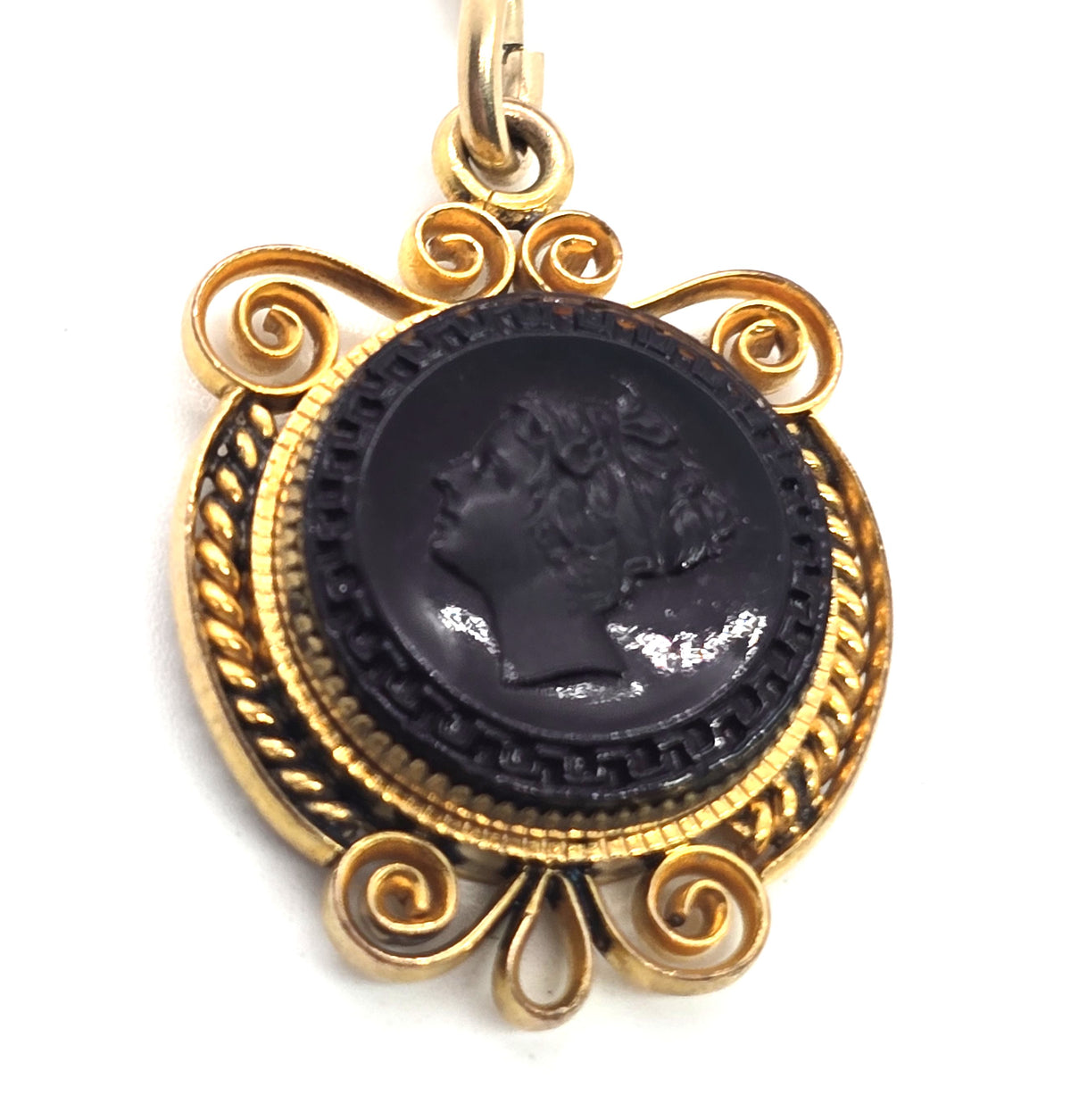 Etruscan Revival Carved brown hardstone Cameo yellow gold filled vintage necklace