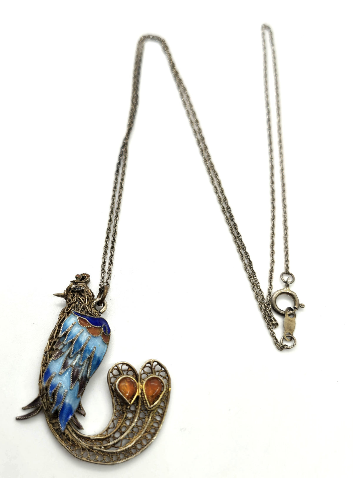 Chinese Export Bird Cloisonne enamel vintage vermeil sterling silver necklace