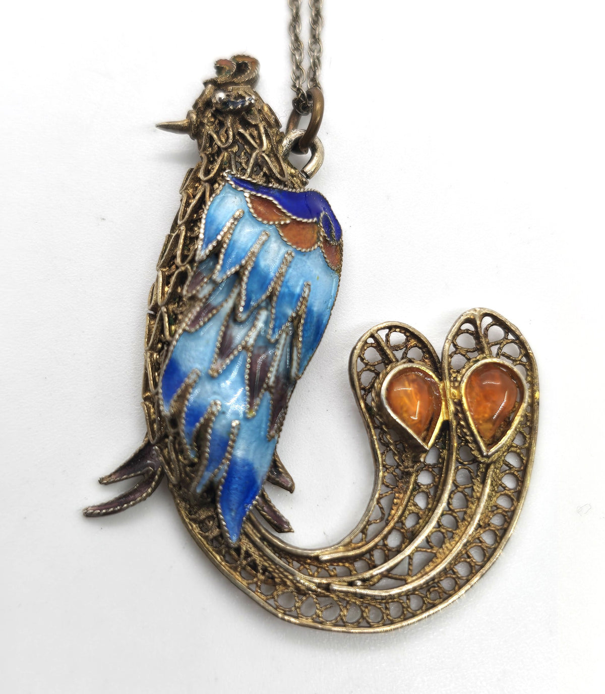 Chinese Export Bird Cloisonne enamel vintage vermeil sterling silver necklace