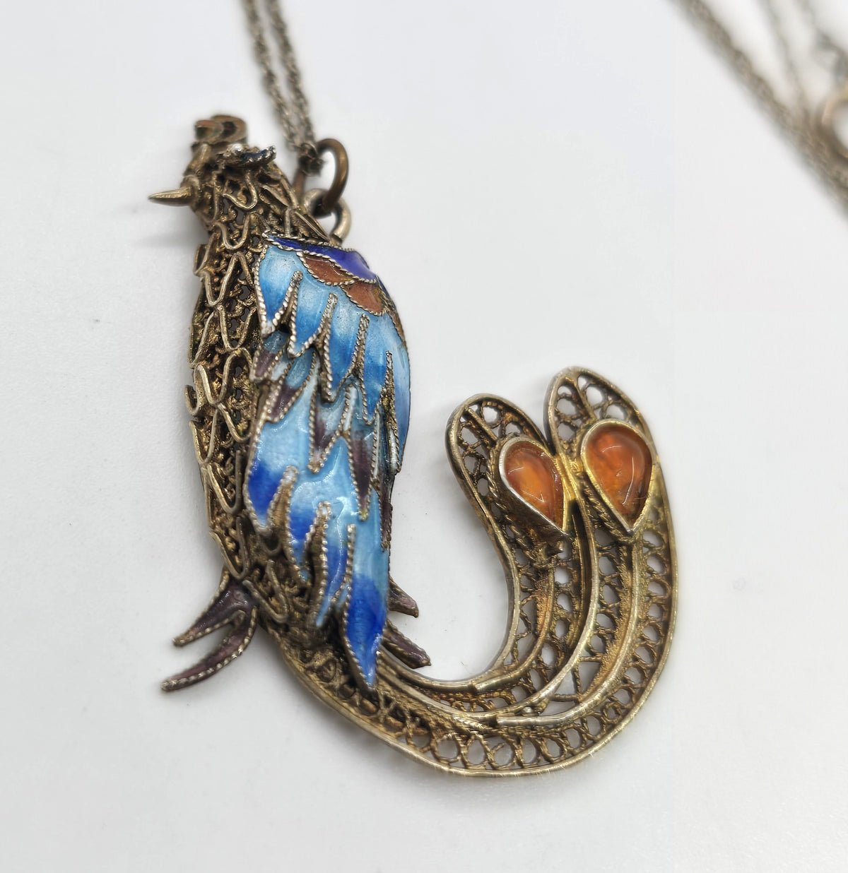 Chinese Export Bird Cloisonne enamel vintage vermeil sterling silver necklace