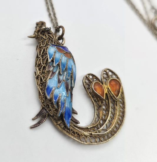 Chinese Export Bird Cloisonne enamel vintage vermeil sterling silver necklace