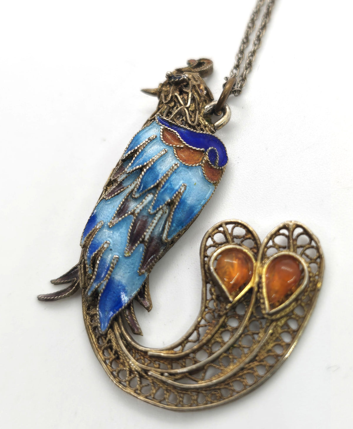 Chinese Export Bird Cloisonne enamel vintage vermeil sterling silver necklace