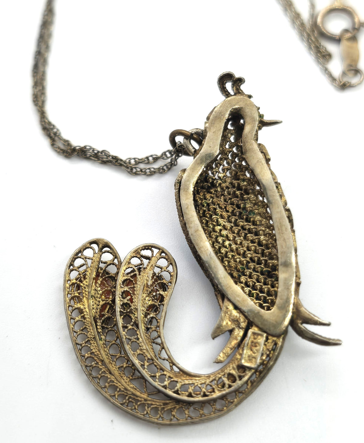 Chinese Export Bird Cloisonne enamel vintage vermeil sterling silver necklace