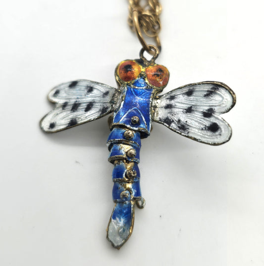 Dragonfly articulated Cloisonné enamel Chinese vintage GF necklace