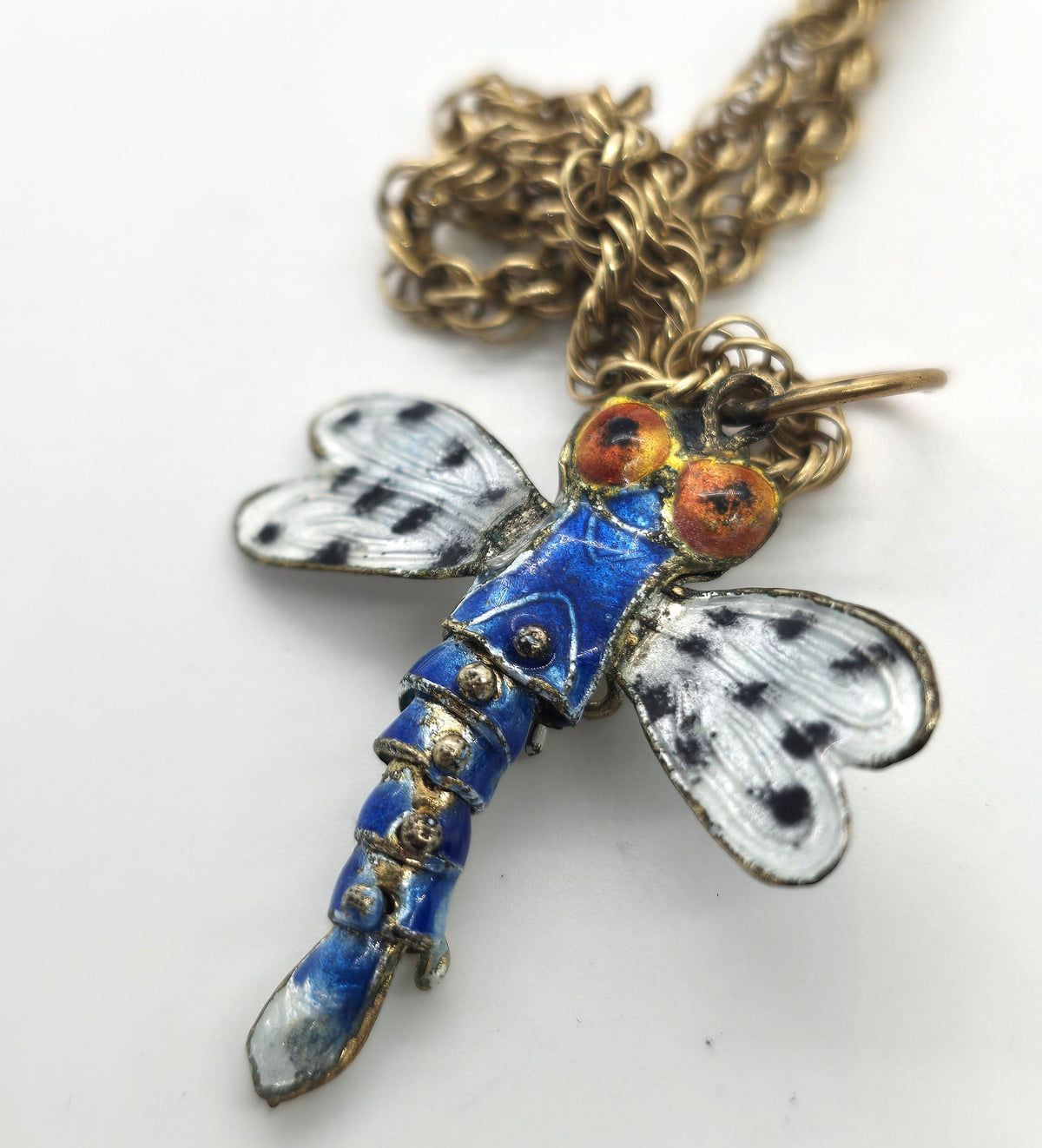 Dragonfly articulated Cloisonné enamel Chinese vintage GF necklace