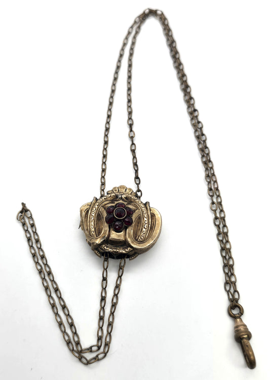 Etruscan Revival Bohemian Garnet Antique yellow gold filled slider watch chain Damage
