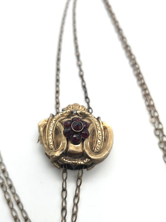 Etruscan Revival Bohemian Garnet Antique yellow gold filled slider watch chain Damage