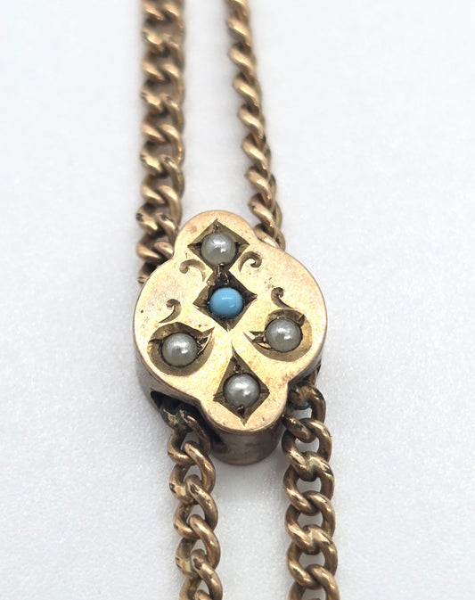 Victorian Turquoise and Seed Pearl Antique yellow gold filled slider watch chain