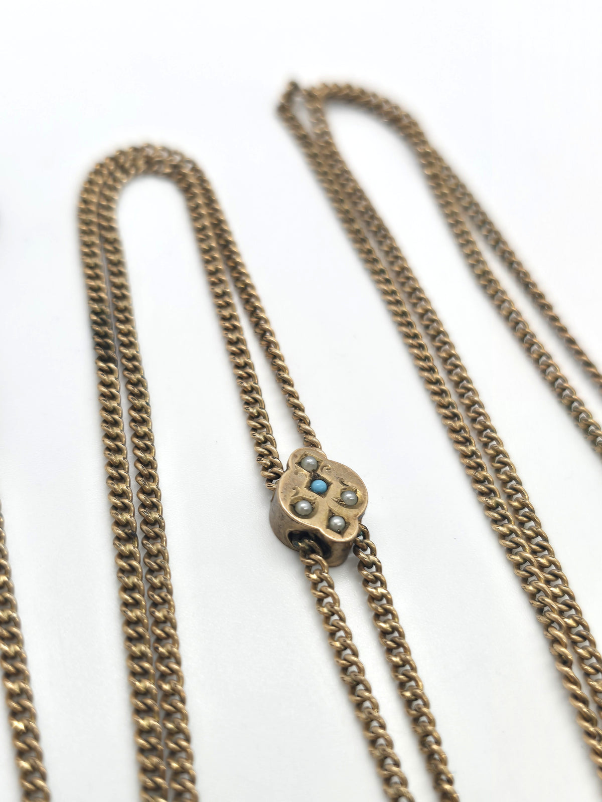 Victorian Turquoise and Seed Pearl Antique yellow gold filled slider watch chain