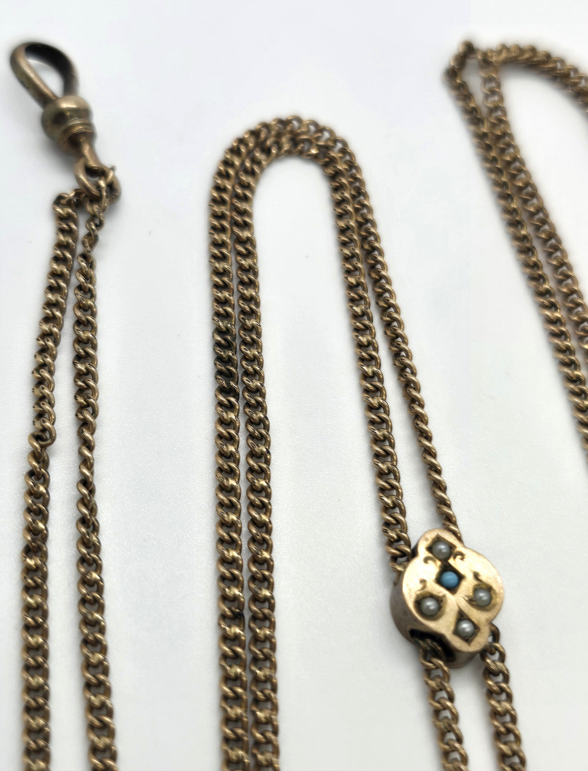 Victorian Turquoise and Seed Pearl Antique yellow gold filled slider watch chain