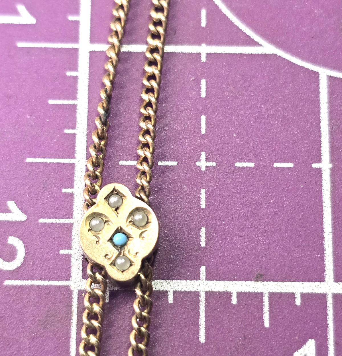 Victorian Turquoise and Seed Pearl Antique yellow gold filled slider watch chain