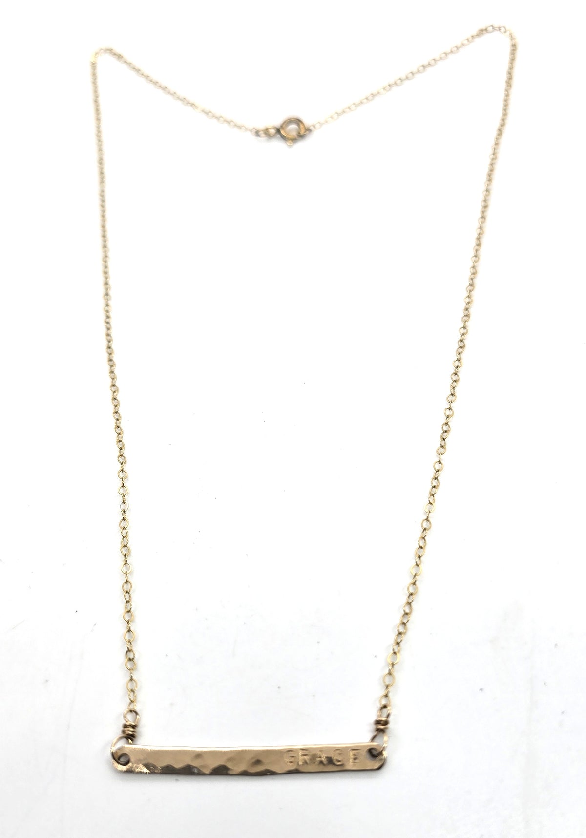Grace 14k yellow gold filled artisan hammered plate stamped necklace