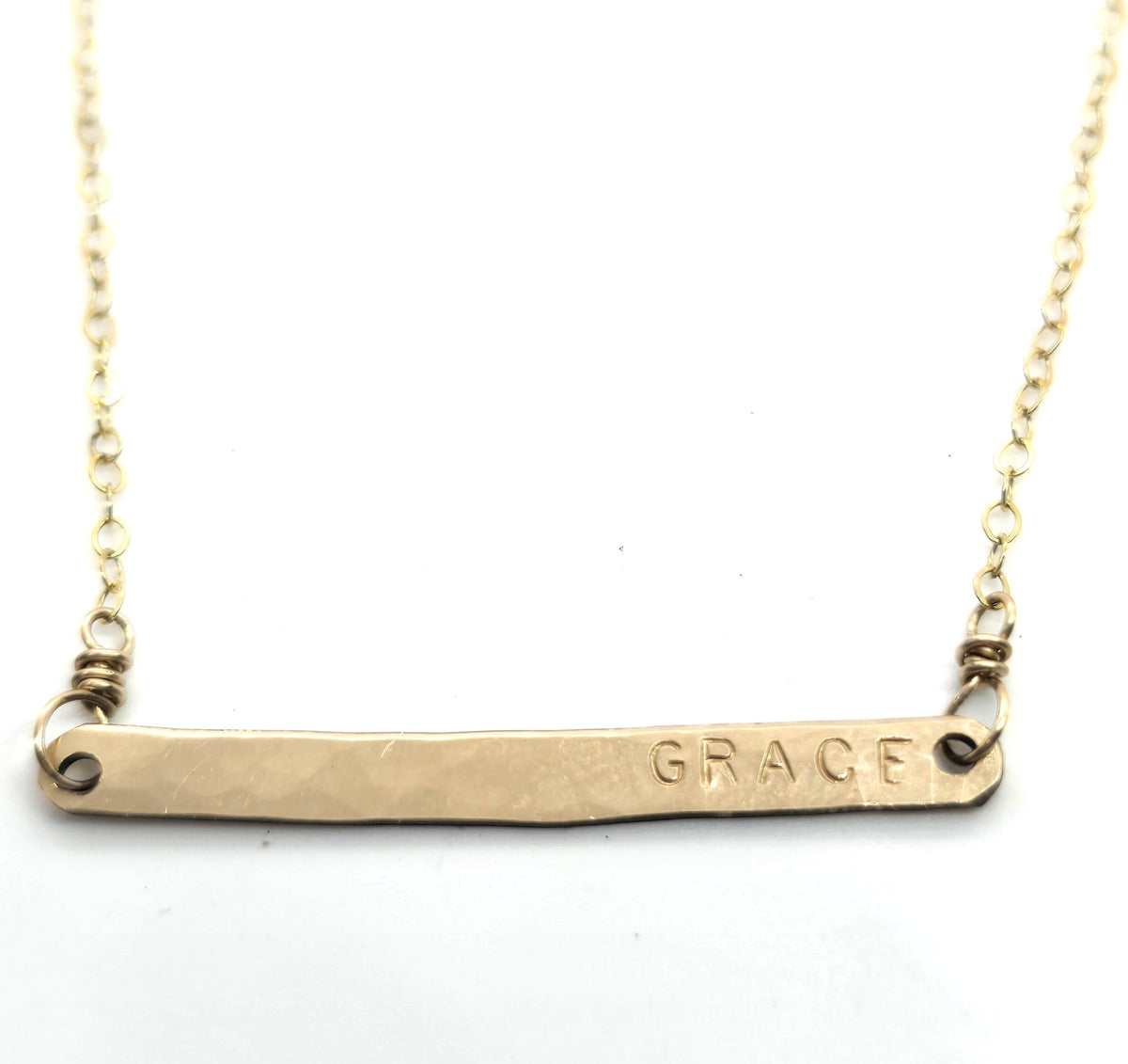Grace 14k yellow gold filled artisan hammered plate stamped necklace
