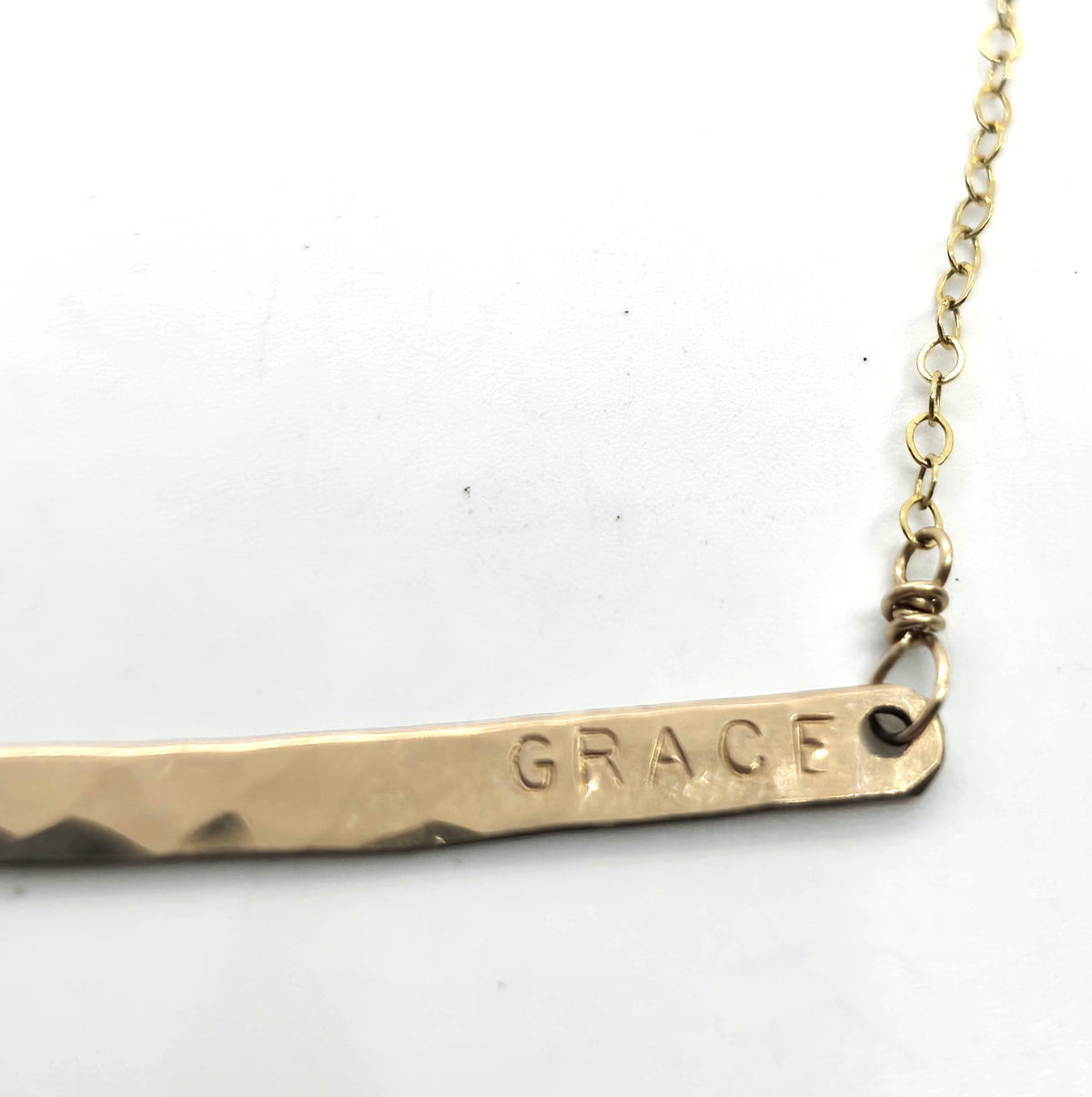 Grace 14k yellow gold filled artisan hammered plate stamped necklace