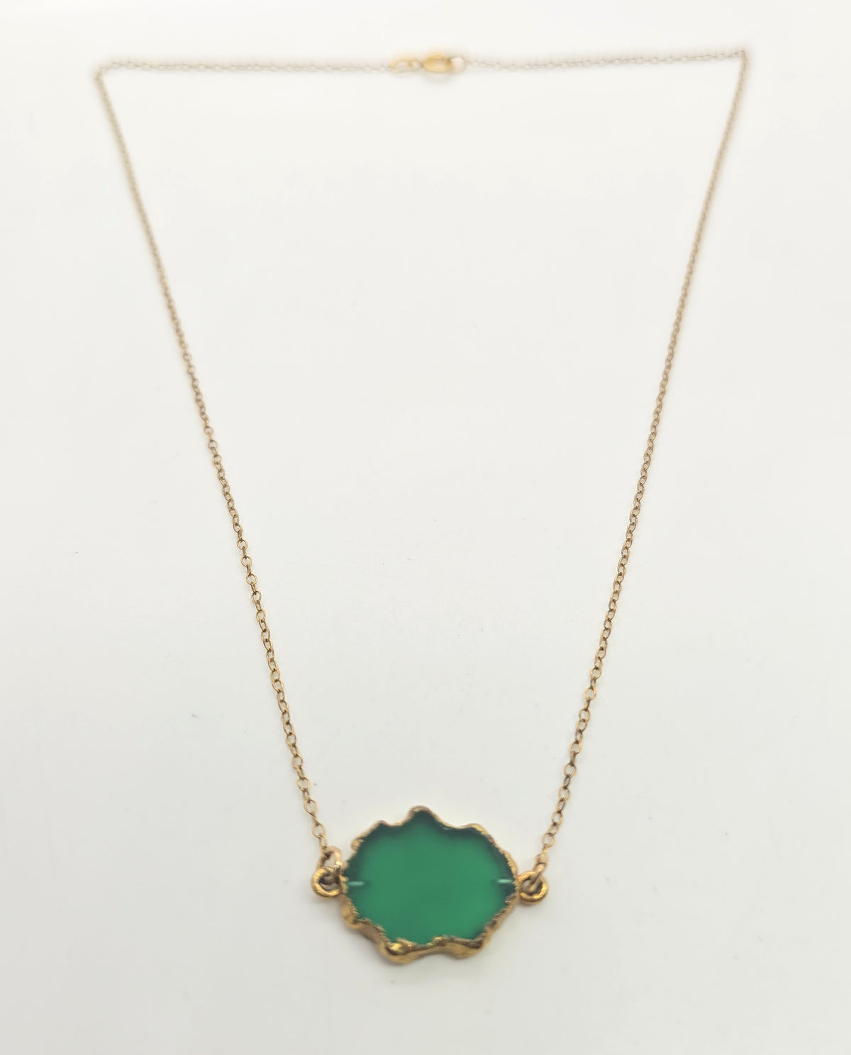 Green Chrysoprase Slice 14k Gold Filled vintage floating pendant necklace
