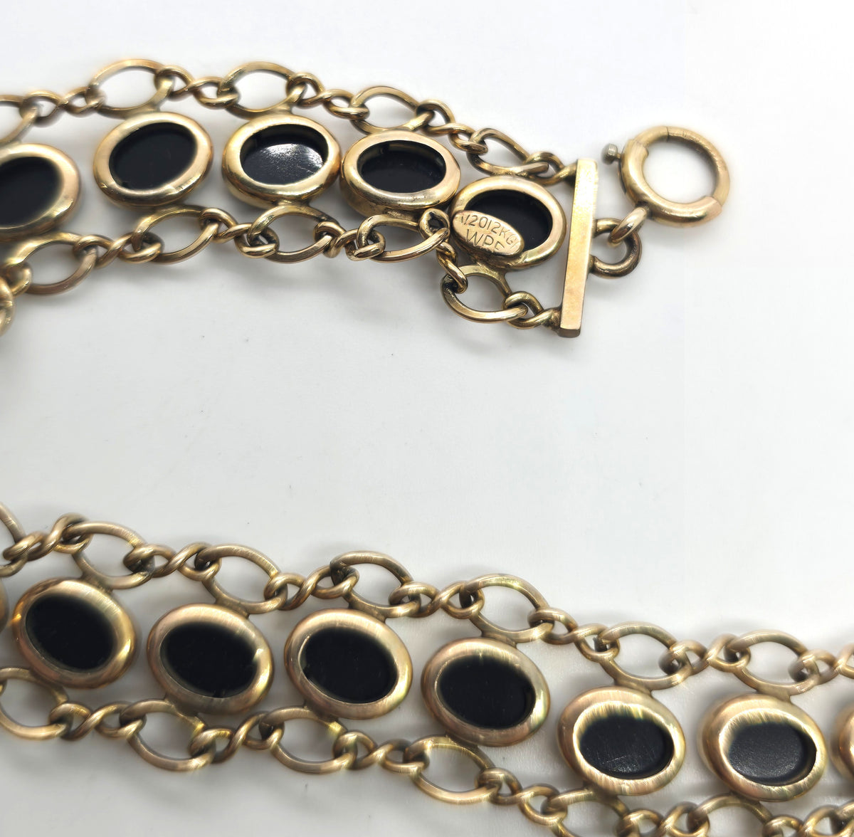 WRE Art Deco Vintage black onyx 12k yellow gold filled vintage signed bracelet