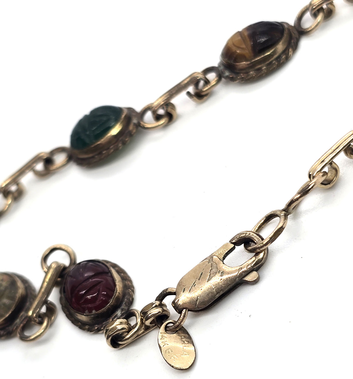 Carla Scarab carved gemstone 12k yellow Gold filled vintage signed bracelet