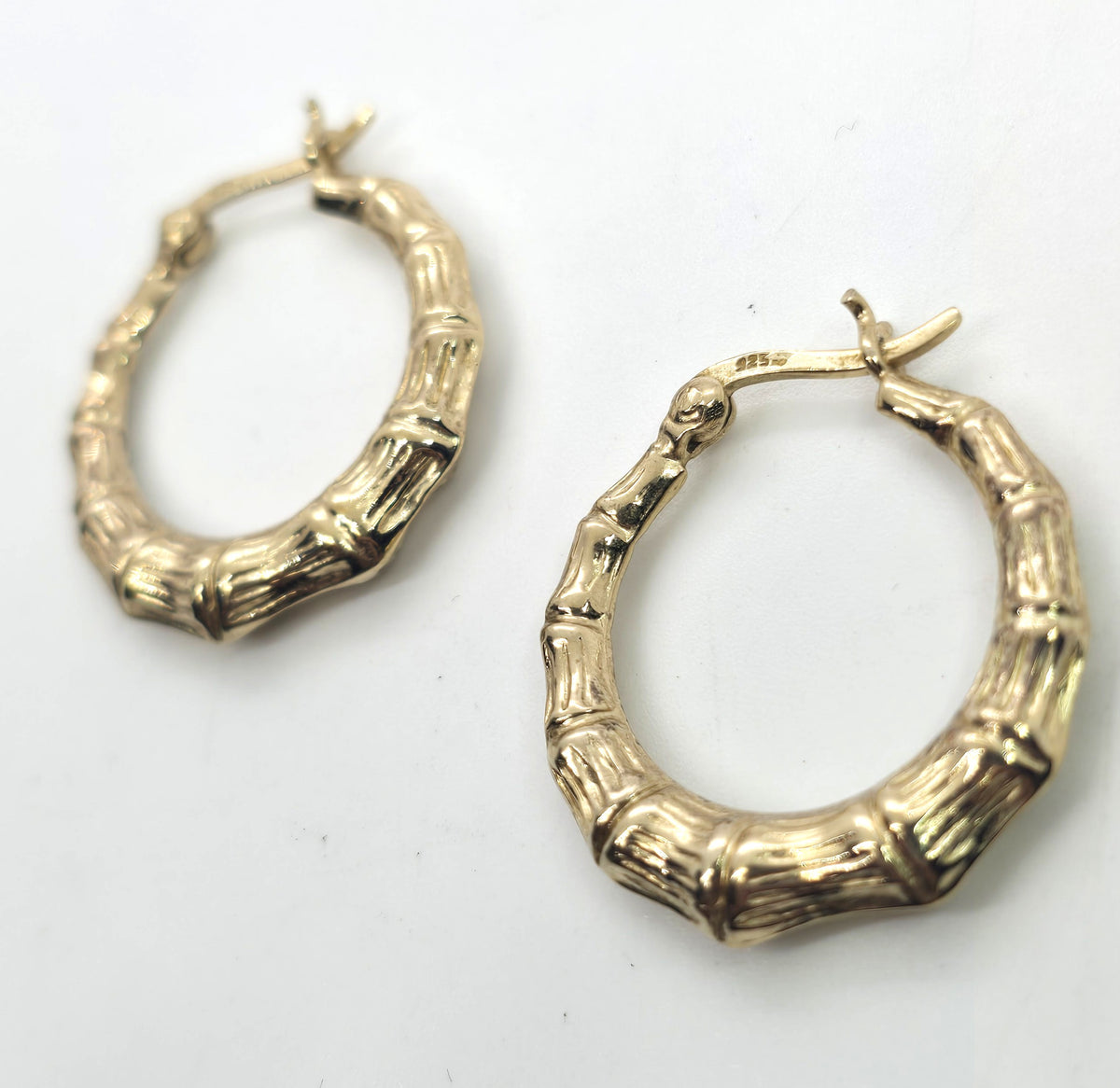 Gold over sterling silver vermeil bamboo lever back vintage hoop earrings