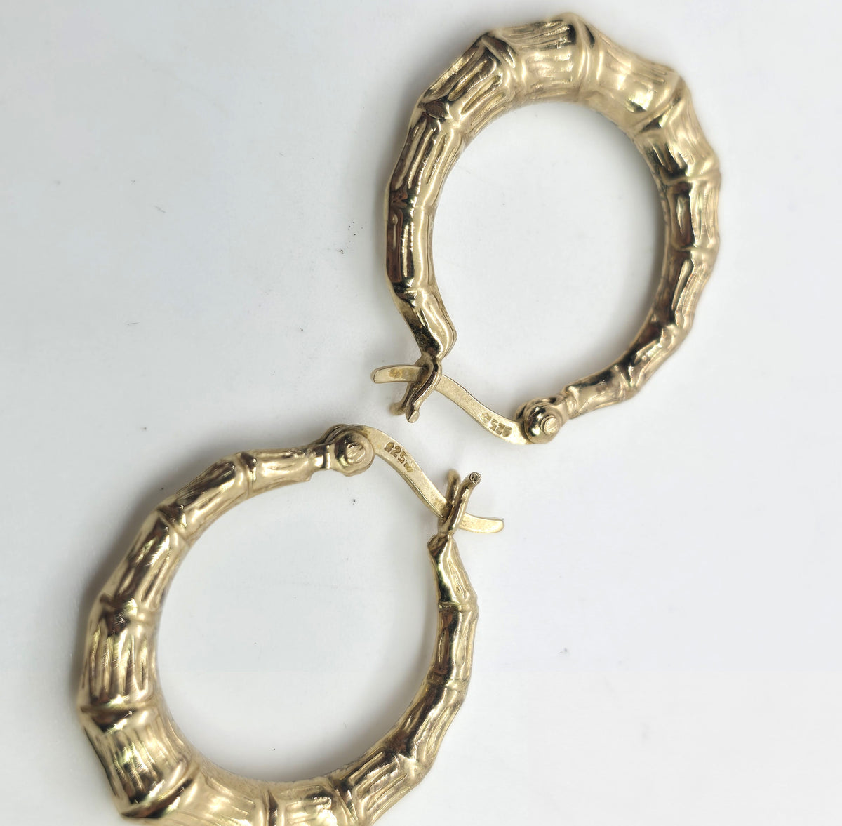 Gold over sterling silver vermeil bamboo lever back vintage hoop earrings