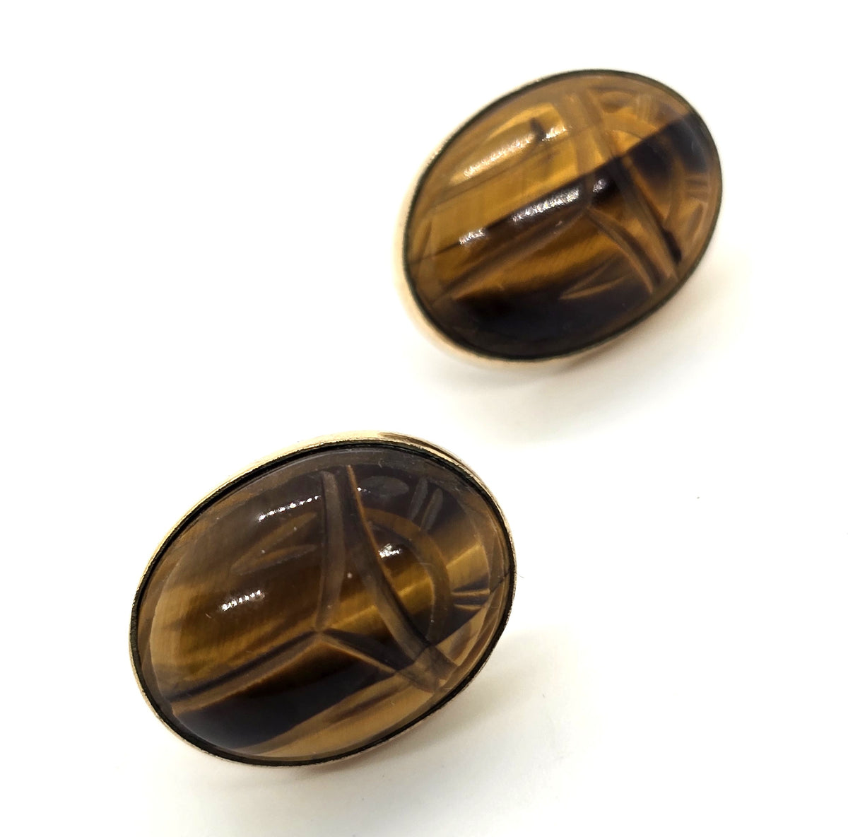 Ronci Egyptian Scarab Khepri tiger's eye vintage 12k gold filled screw back earrings
