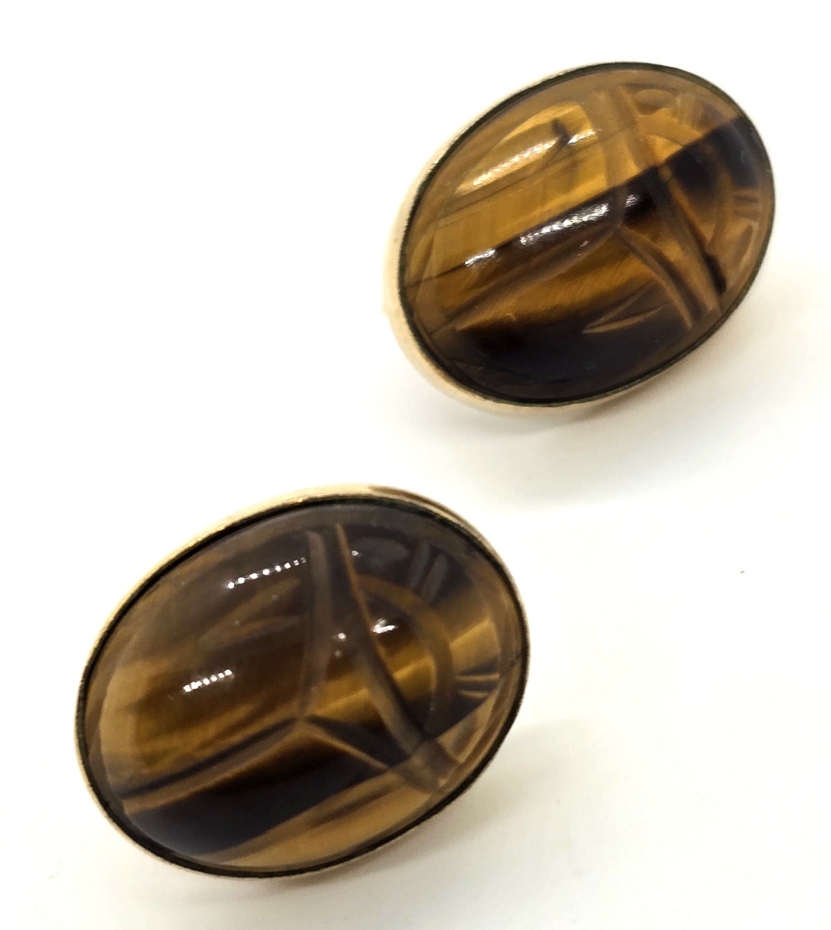 Ronci Egyptian Scarab Khepri tiger's eye vintage 12k gold filled screw back earrings