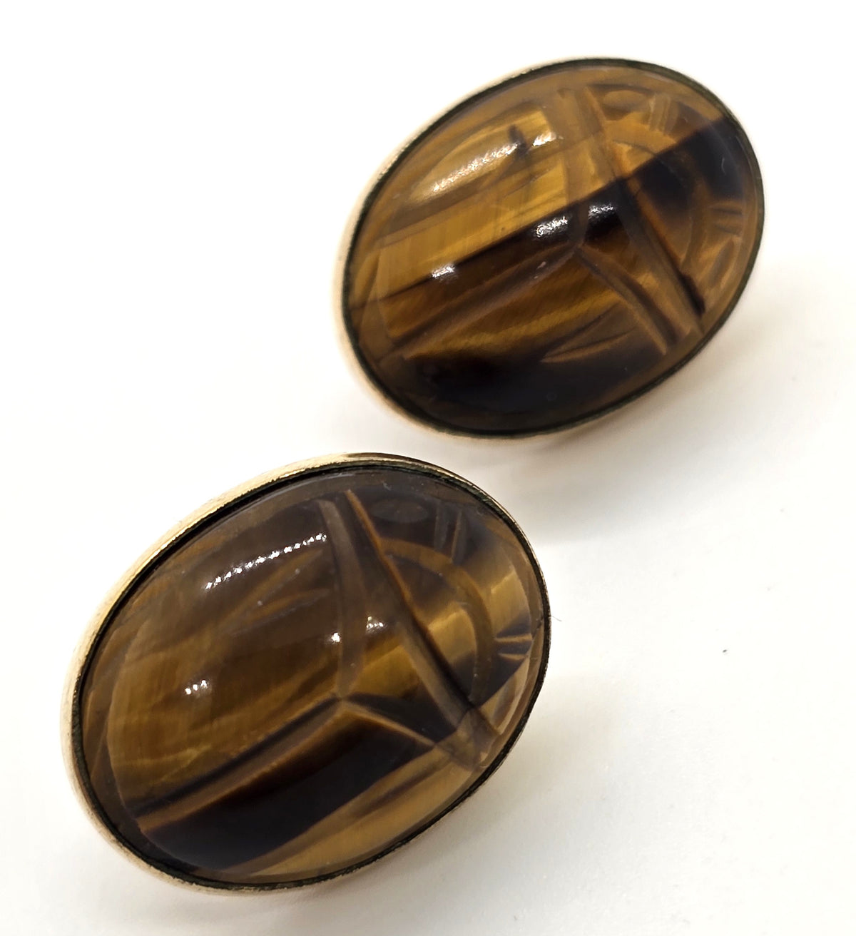 Ronci Egyptian Scarab Khepri tiger's eye vintage 12k gold filled screw back earrings