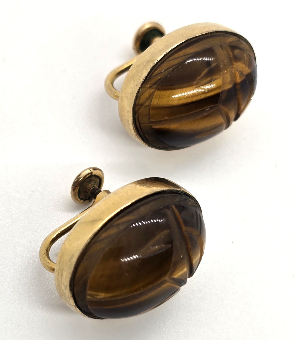 Ronci Egyptian Scarab Khepri tiger's eye vintage 12k gold filled screw back earrings