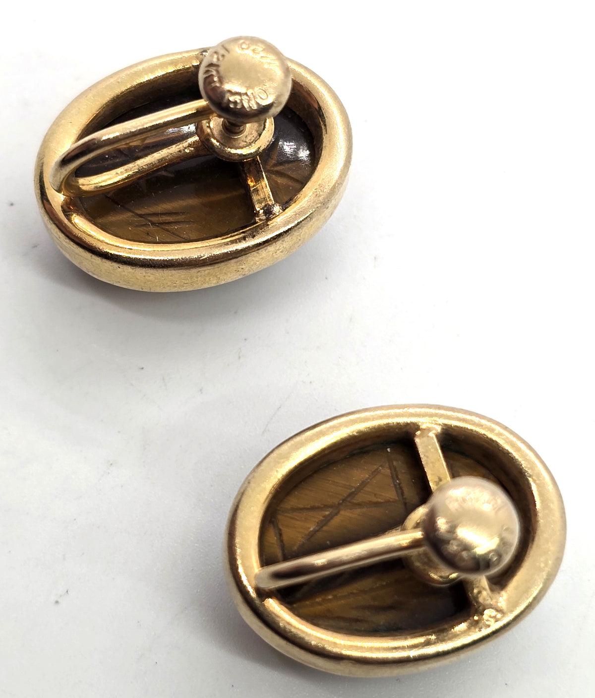 Ronci Egyptian Scarab Khepri tiger's eye vintage 12k gold filled screw back earrings