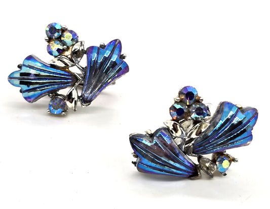 Book Piece Coro molded glass fan Aurora borealis blue Rhinestone vintage clip on earrings