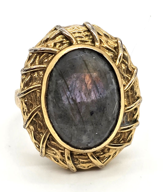 Karis STS faceted sunset labradorite gold toned signed ring size 9