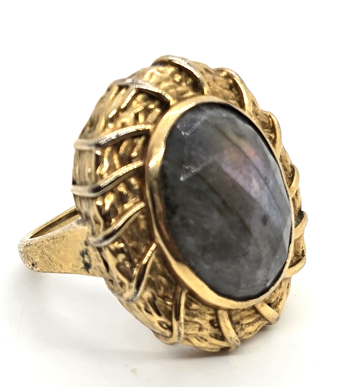 Karis STS faceted sunset labradorite gold toned signed ring size 9