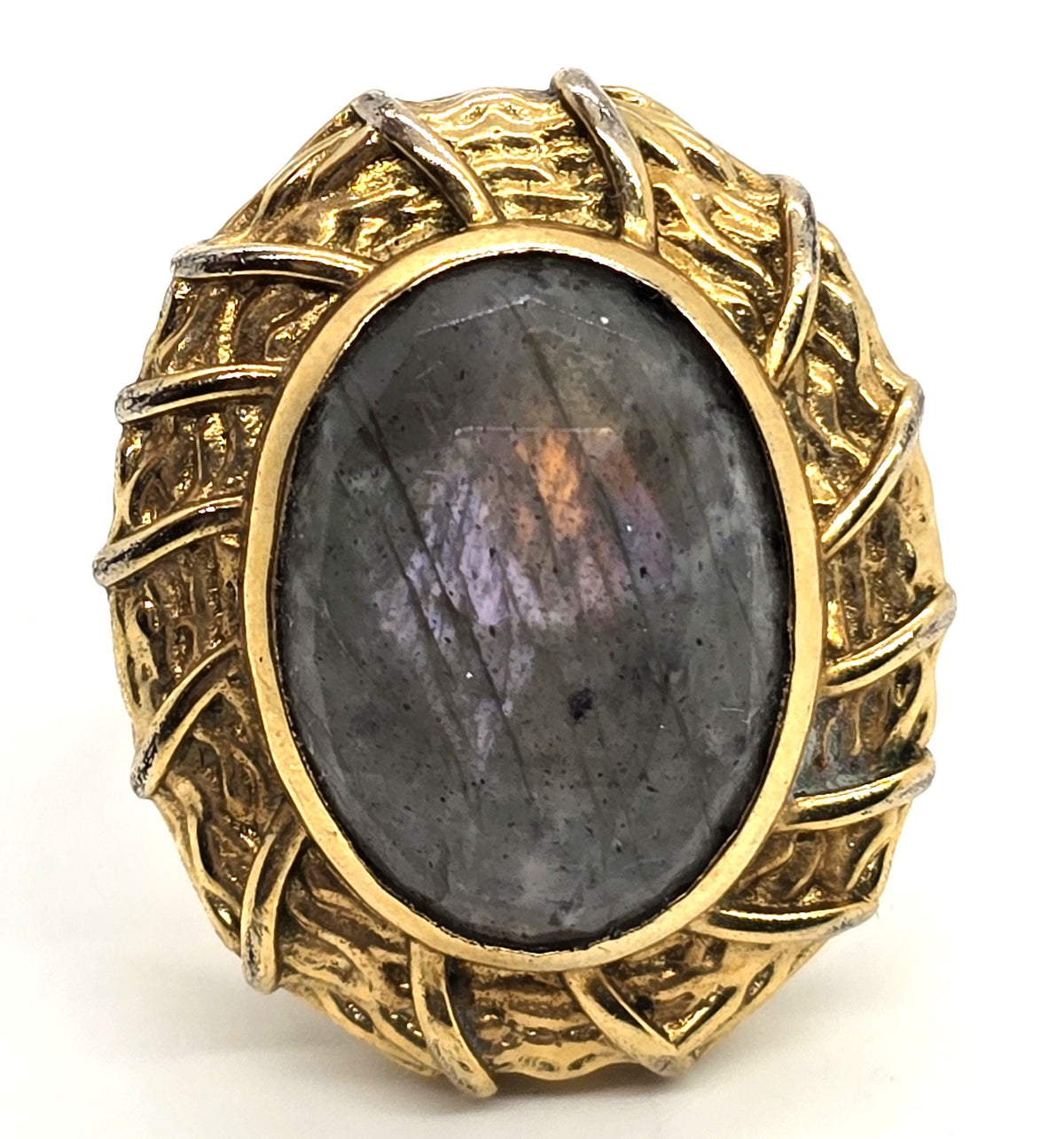 Karis STS faceted sunset labradorite gold toned signed ring size 9