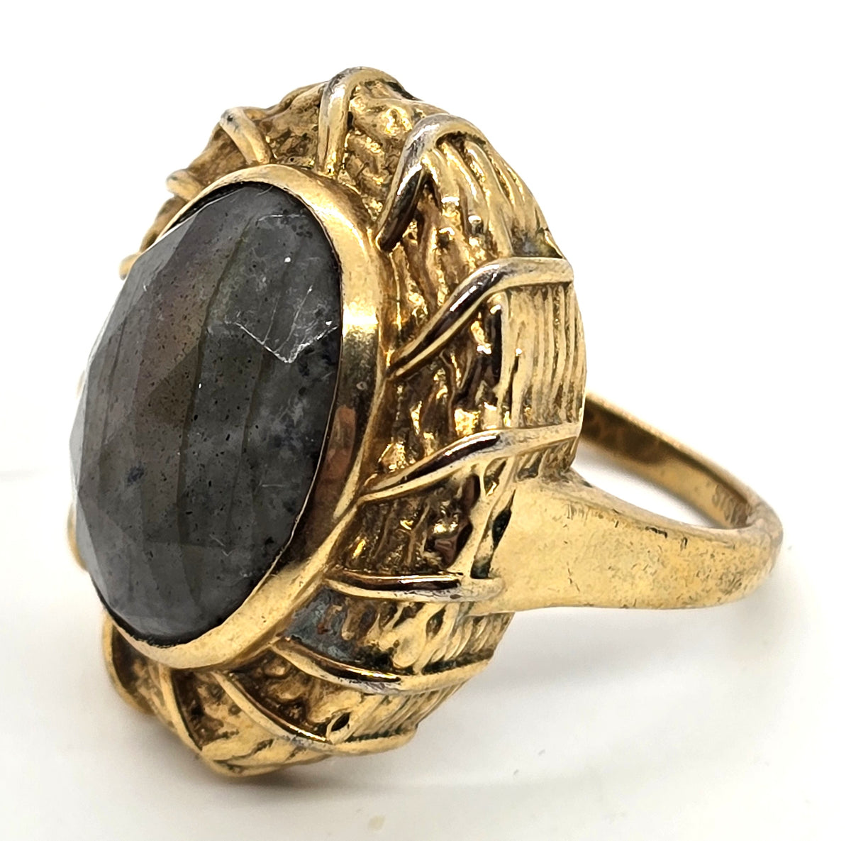 Karis STS faceted sunset labradorite gold toned signed ring size 9