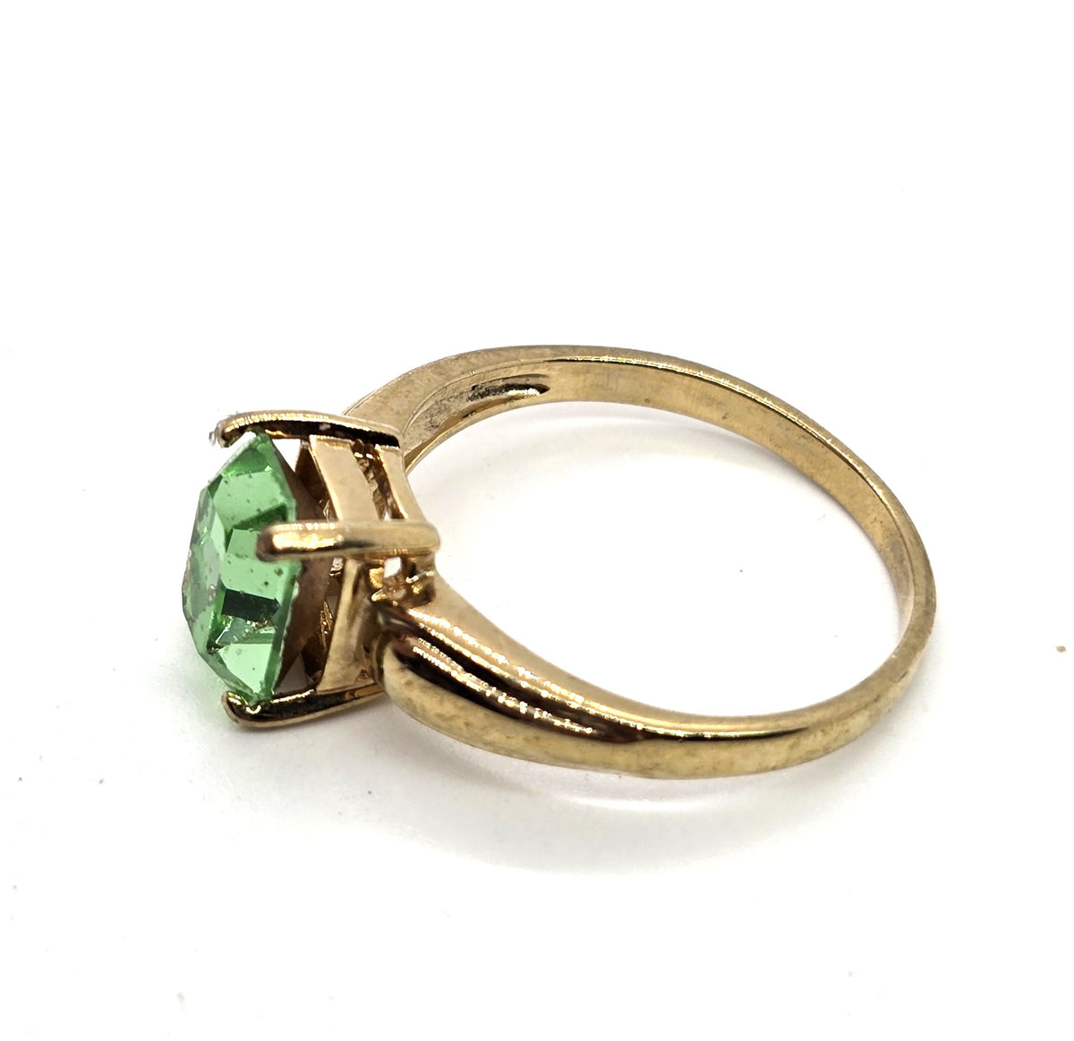 Uranium glass rhinestone gold plated UV glow vintage ring size 12