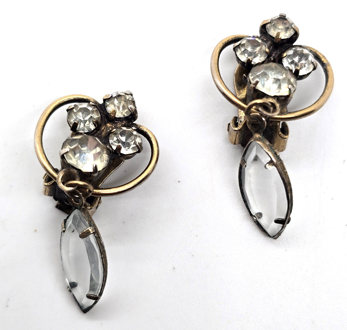 Antique rhinestone past vintage yellow gold filled clip on drop earrings