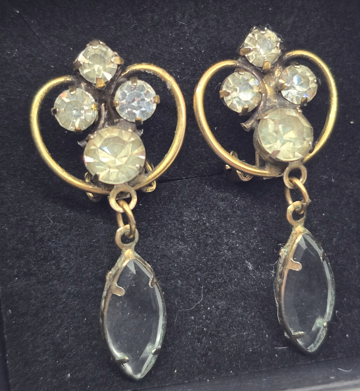 Antique rhinestone past vintage yellow gold filled clip on drop earrings