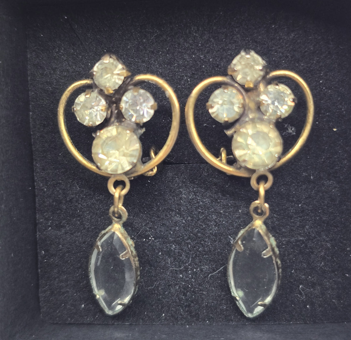 Antique rhinestone past vintage yellow gold filled clip on drop earrings