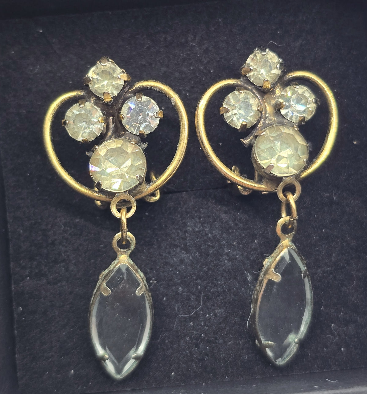 Antique rhinestone past vintage yellow gold filled clip on drop earrings