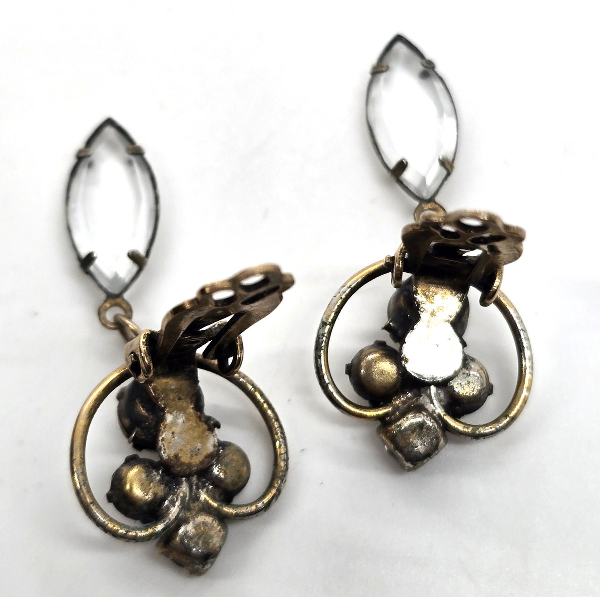 Antique rhinestone past vintage yellow gold filled clip on drop earrings
