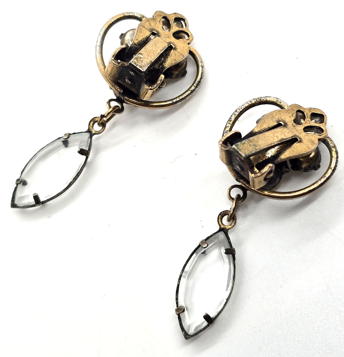 Antique rhinestone past vintage yellow gold filled clip on drop earrings