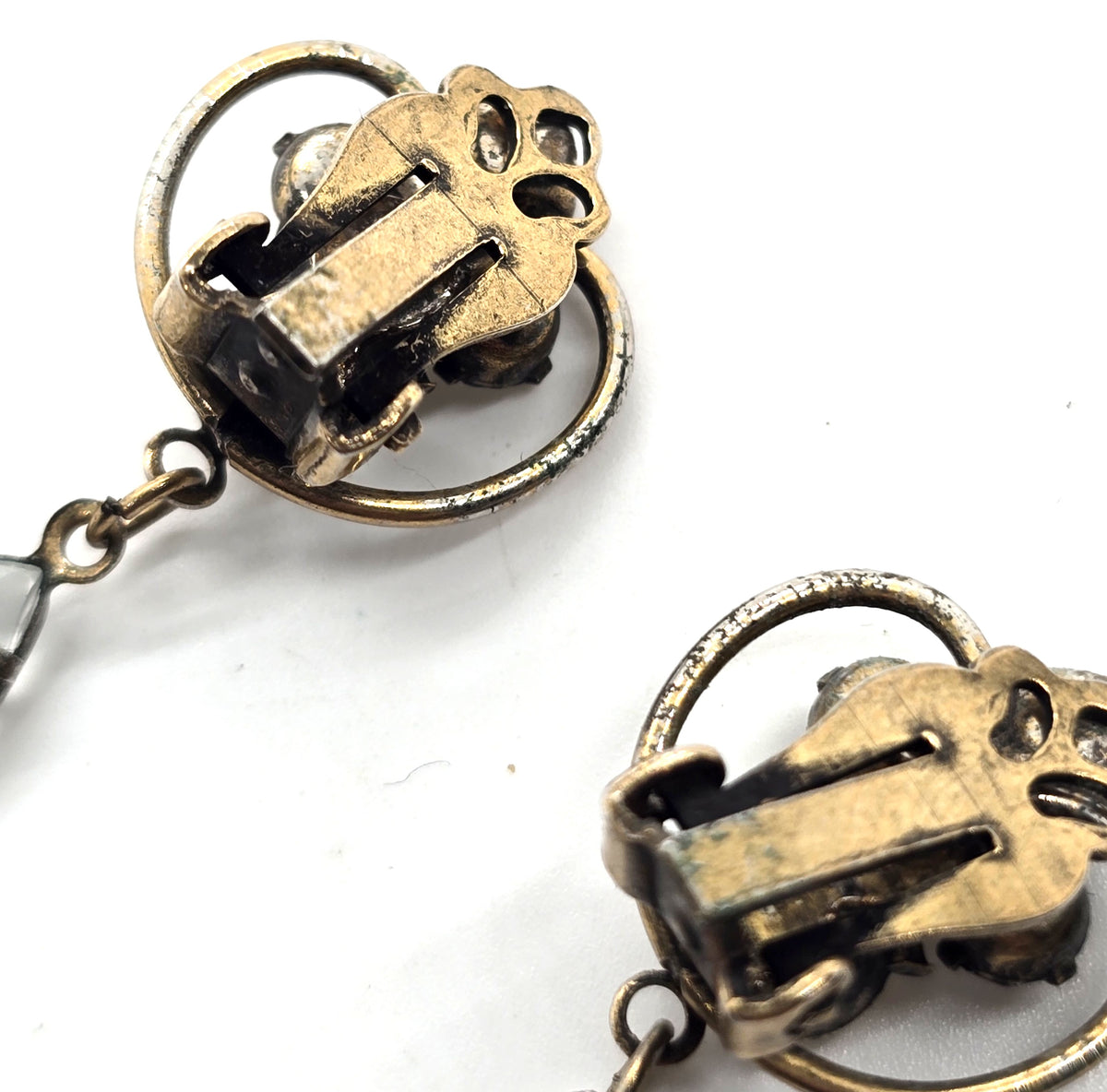 Antique rhinestone past vintage yellow gold filled clip on drop earrings