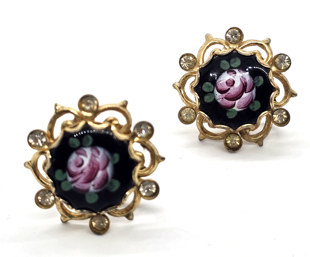 Pink rose black enamel mid century vintage rhinestone screw back earrings