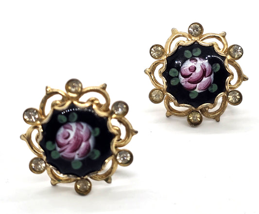 Pink rose black enamel mid century vintage rhinestone screw back earrings