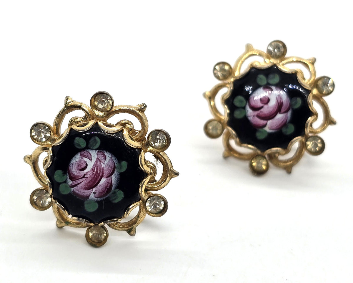 Pink rose black enamel mid century vintage rhinestone screw back earrings