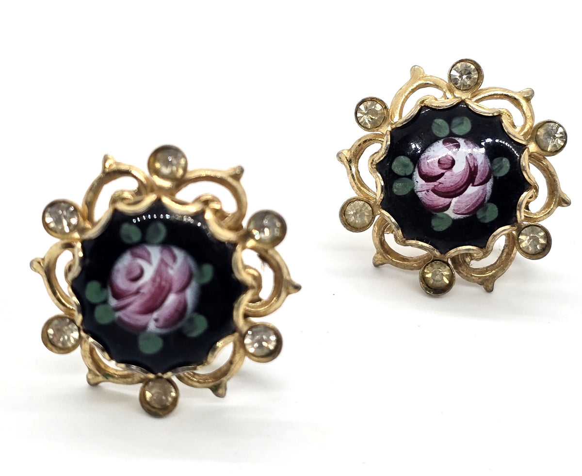 Pink rose black enamel mid century vintage rhinestone screw back earrings
