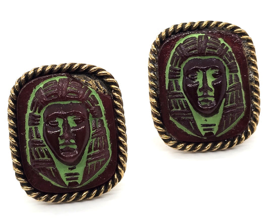 King Tut Egyptian revival vintage molded glass large vintage cufflinks *CHIP*
