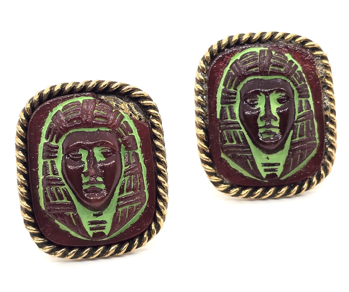 King Tut Egyptian revival vintage molded glass large vintage cufflinks *CHIP*