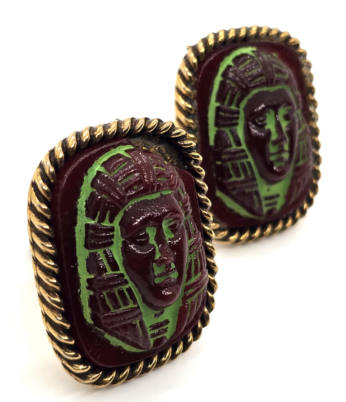 King Tut Egyptian revival vintage molded glass large vintage cufflinks *CHIP*