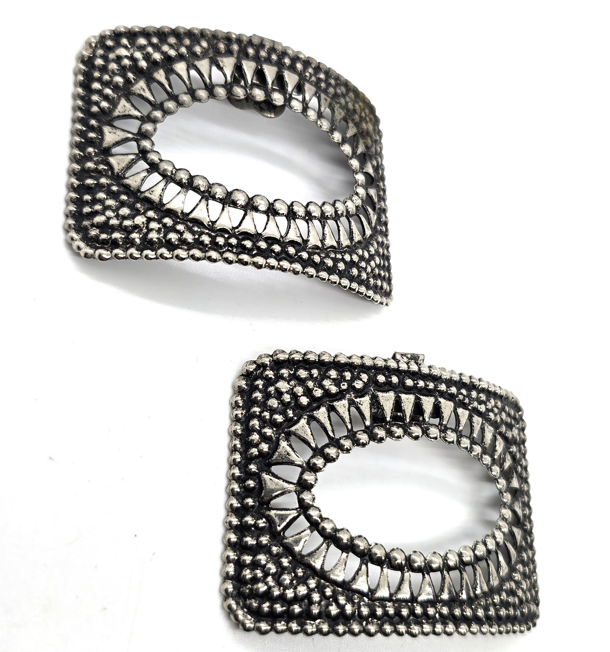 Art Deco French pressed metal Sacred Geometry oval mouth antique shoe clips pair